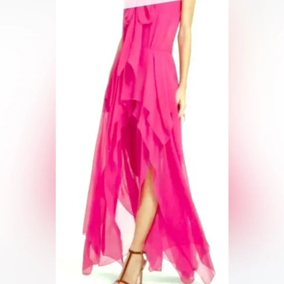 BCBG Basha Begonia Barbie Pink Bow Tie Long Silk Sheer Chiffon Tiered Maxi Dress